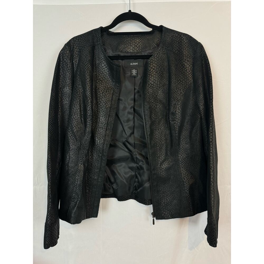 Alfani Snake Skin Pattern Jacket, Womens Leather Coat Size L, Black Zip Up
